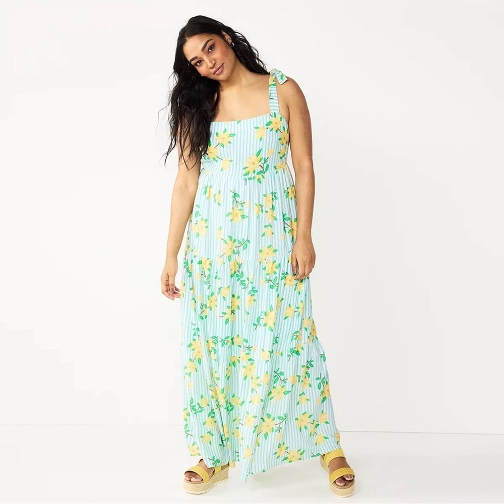 Draper James RSVP Striped Floral Maxi Dress Blue Green Size M